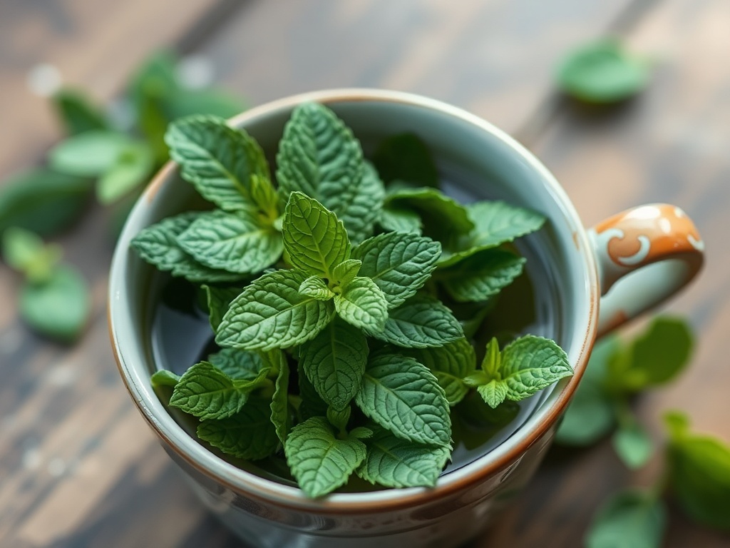 vivid description of fresh peppermint leaves in a tea cup