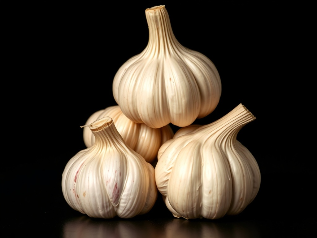 vivid description of garlic cloves and bulbs stacked artistically