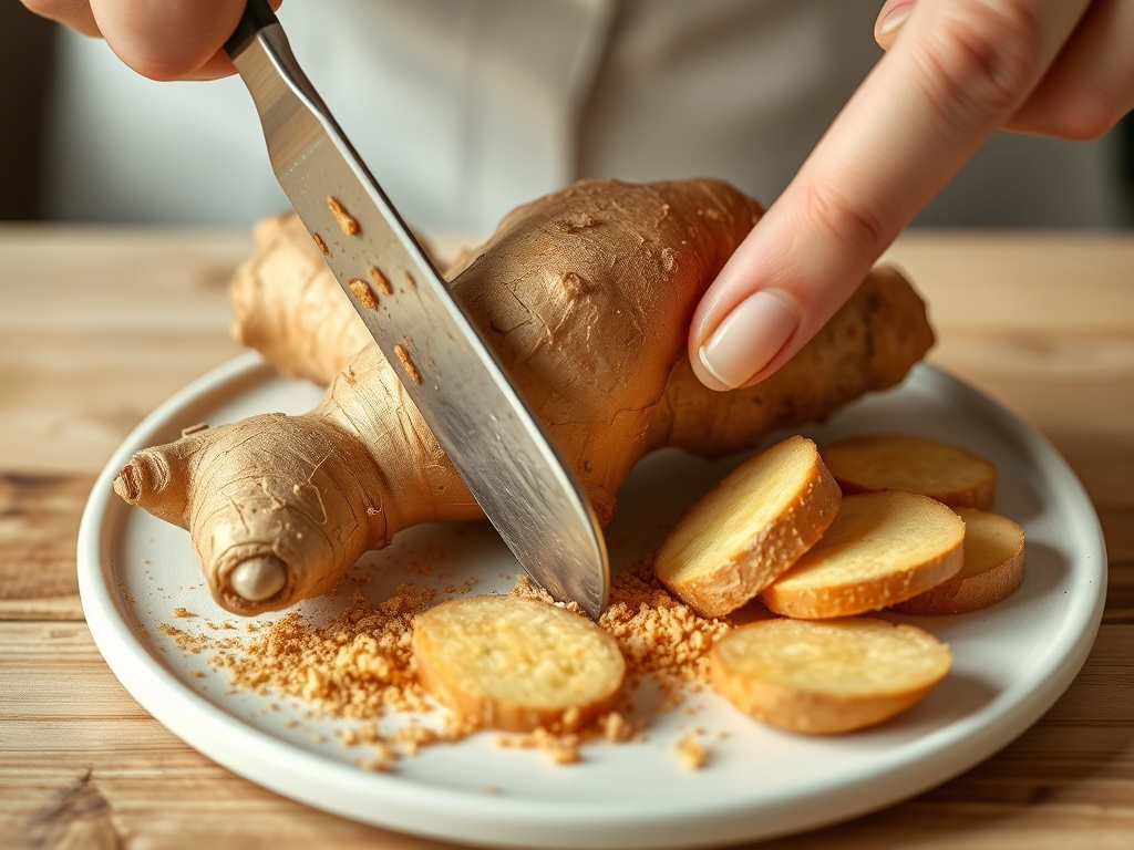 vivid description of ginger root being sliced for tea