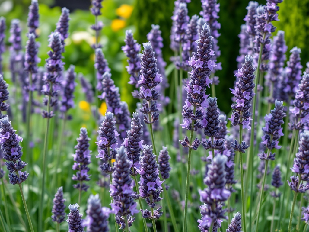 vivid description of lavender flowers swaying gently in a peaceful garden