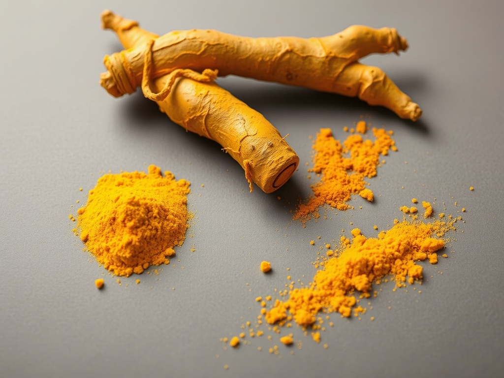vivid description of turmeric root and powdered spice in a vibrant yellow color