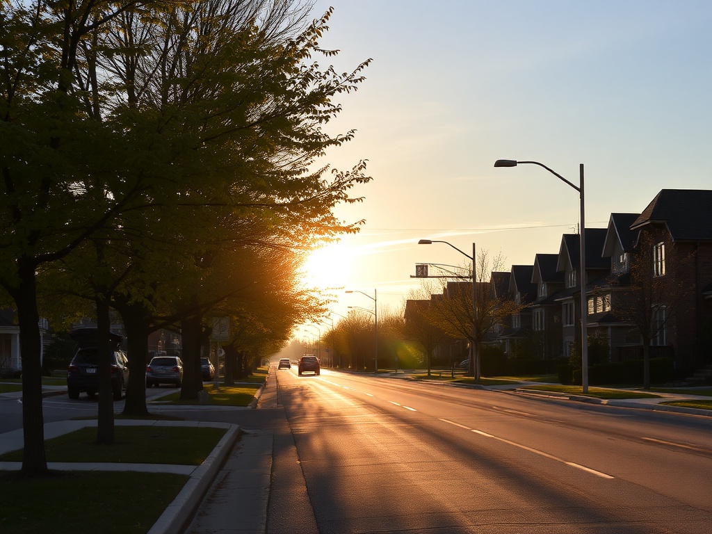 early morning in Newmarket Ontario quiet streets golden sunlight suburban calm scenic trees