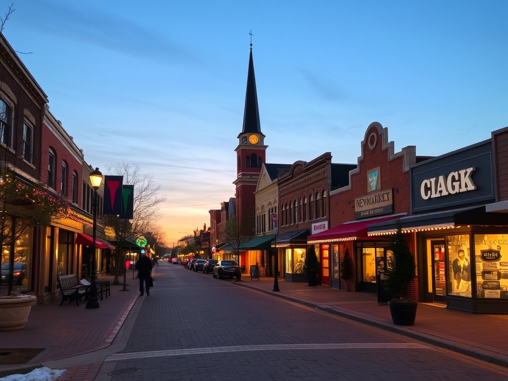 newmarket main street small town ontario shops cozy atmosphere evening lights local vibe