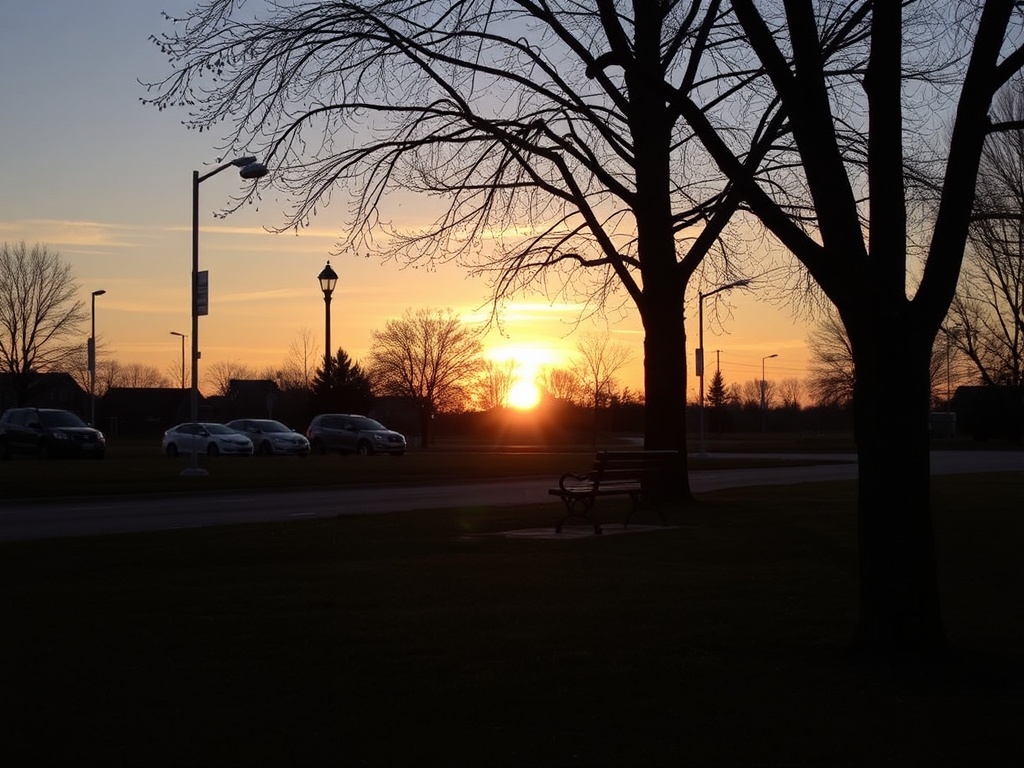 quiet park bench newmarket sunset peaceful solitude ontario suburban nature calm scene
