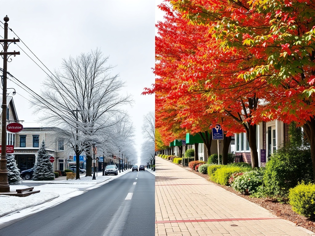 contrast of New Tecumseth seasons snowy winter street and vibrant summer greenery side by side