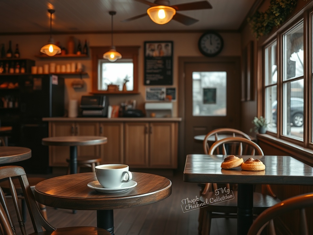cozy small town cafe interior in Ontario with warm lighting, coffee and pastries on wooden tables