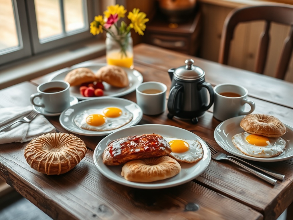 fresh brunch spread with eggs coffee pastries on rustic table in small town Ontario setting