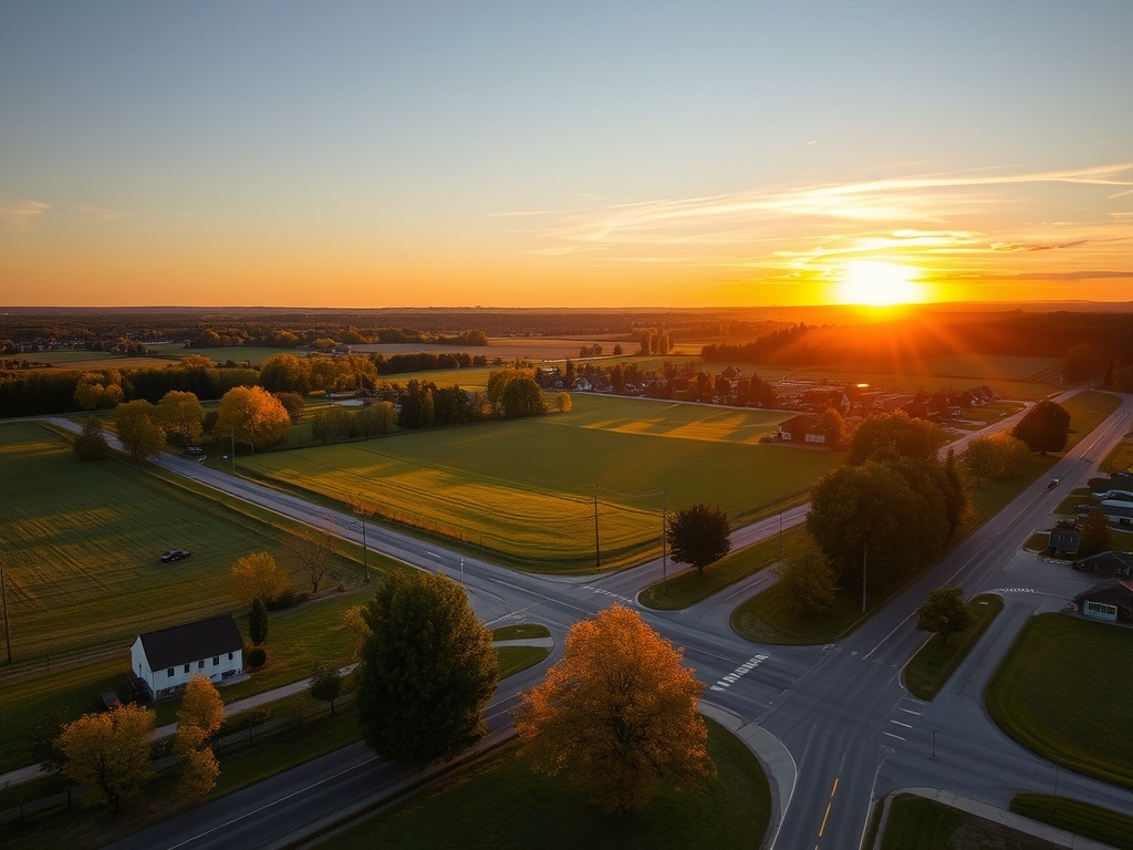 golden hour over rolling farmland in New Tecumseth with small town charm, quiet roads and scenic countryside