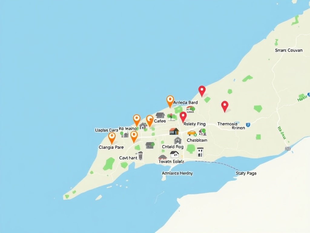 map with pins over small Ontario town highlighting short distances between cafes parks and trails