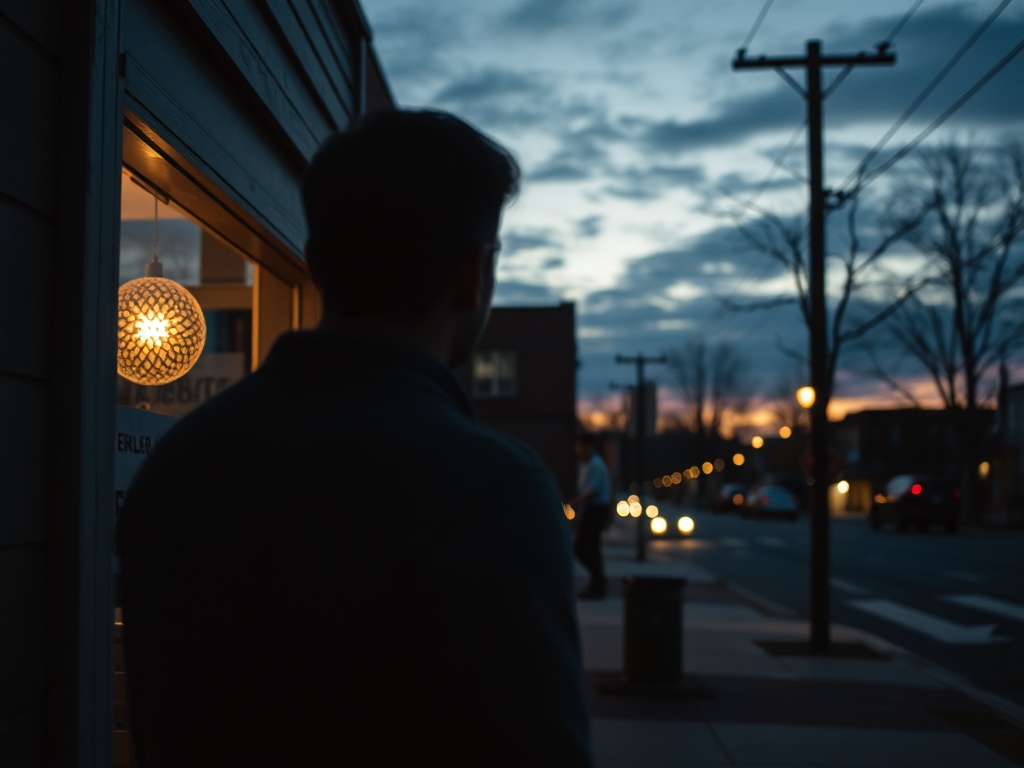 person looking at small town storefront window at dusk creating sense of curiosity and return