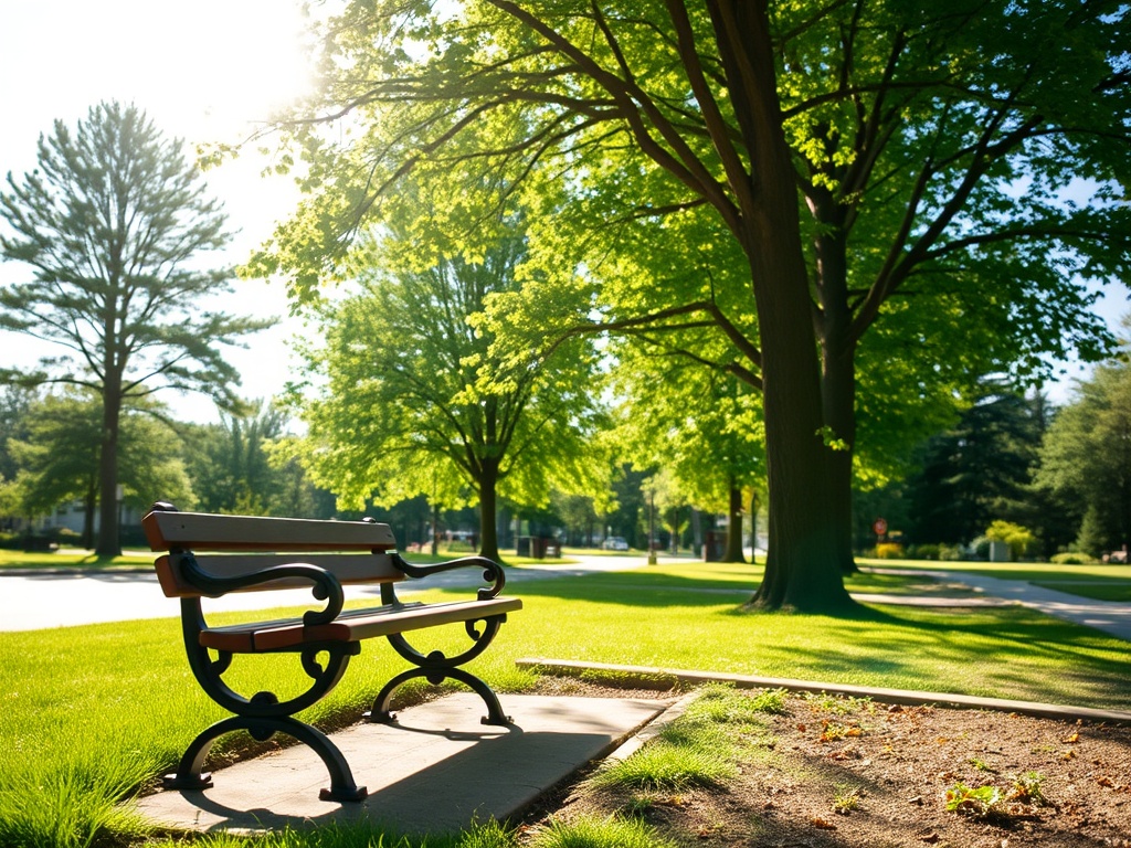 quiet park bench in New Tecumseth with trees and sunlight creating calm relaxed atmosphere