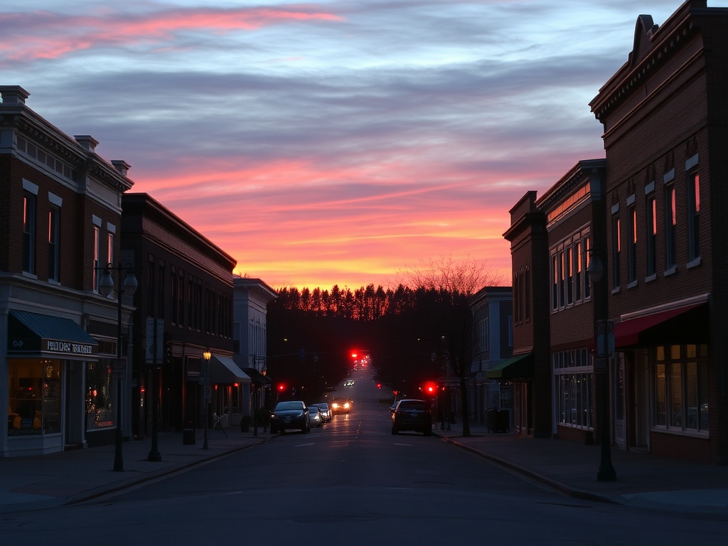 sunset over quiet small town street in New Tecumseth with warm glow and relaxed evening vibe