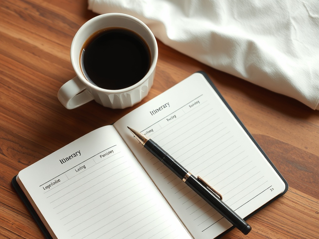 weekend itinerary notebook with simple schedule coffee pen and relaxed planning scene