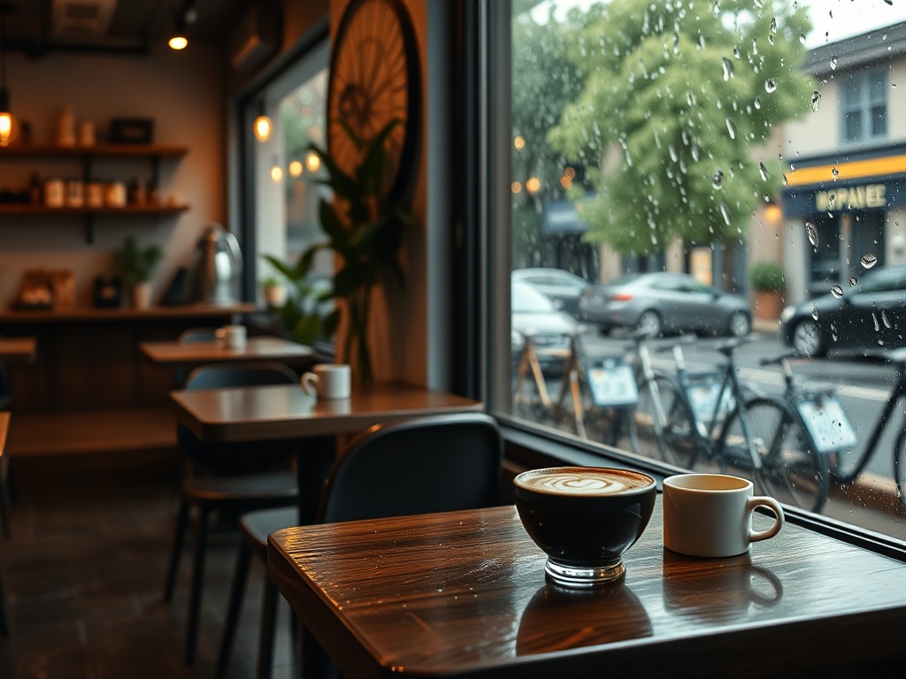 cozy independent cafe interior with wooden tables, latte art, and rainy window ambience