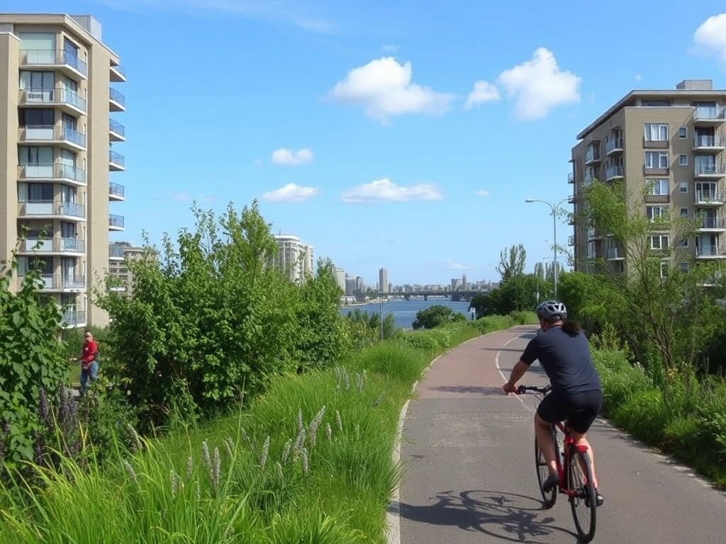 cyclist on quiet urban trail with greenery and river glimpses