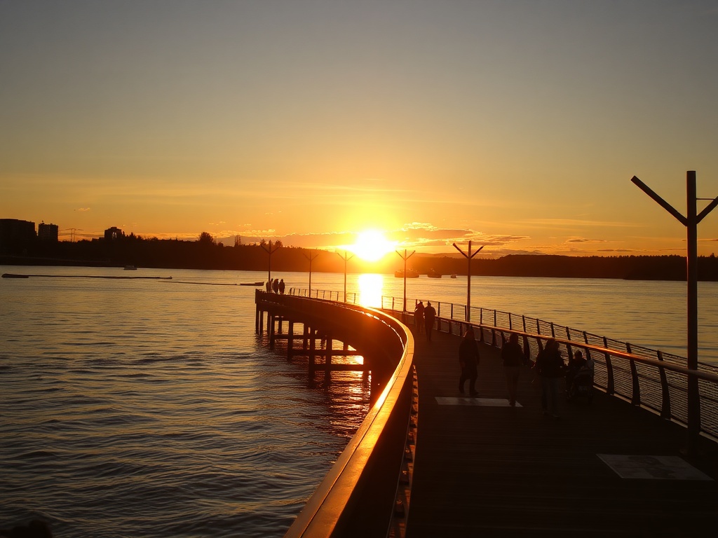 golden sunset over Fraser River boardwalk with warm light reflections and silhouettes of walkers