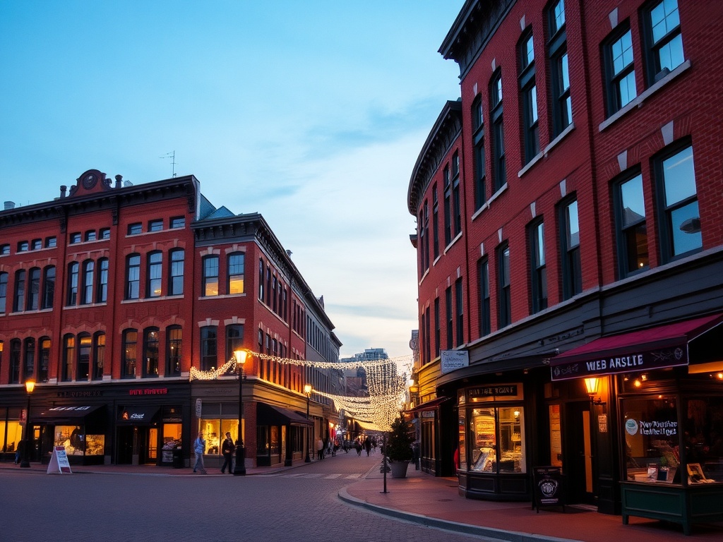 historic Front Street New Westminster with brick buildings, small shops, and evening lights