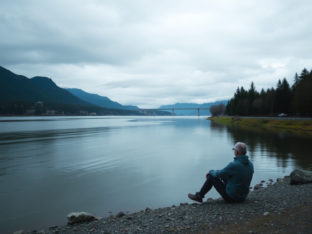 person sitting quietly by Fraser River with calm water and overcast sky