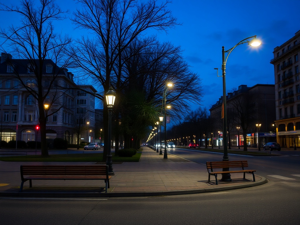 quiet evening city corner with soft streetlights and empty benches