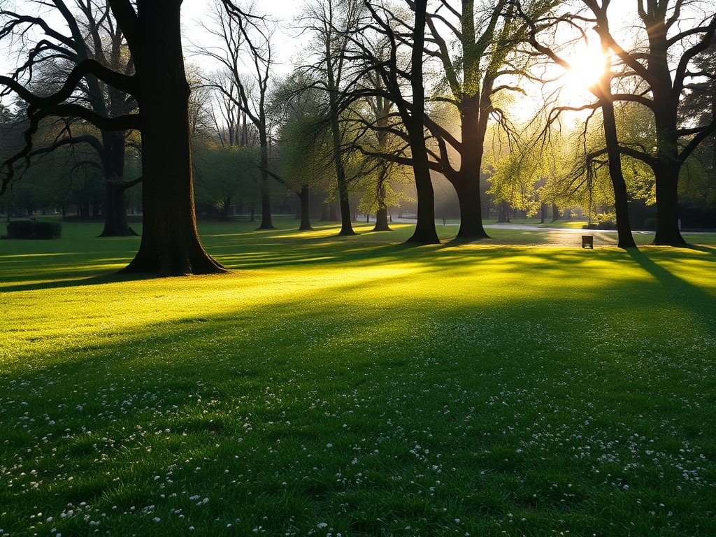 quiet morning in Queen's Park with dew on grass, tall trees, and soft sunlight
