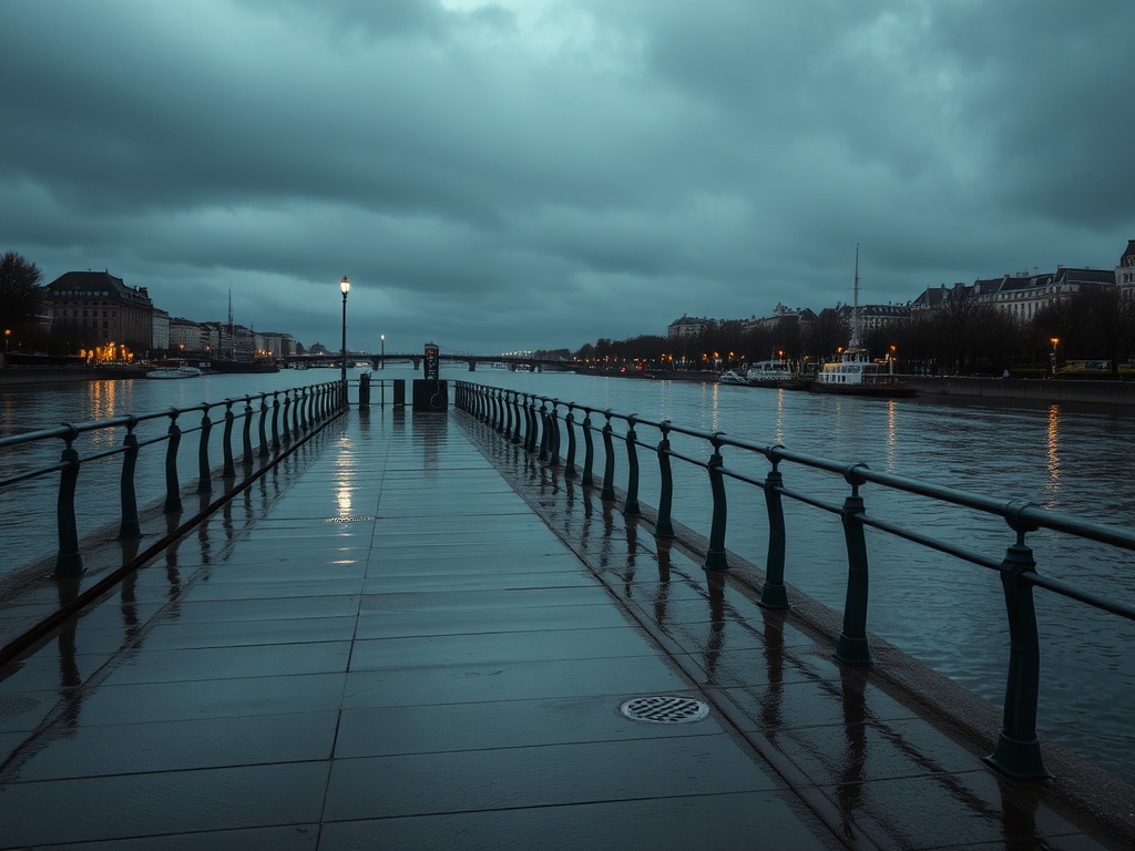 rainy riverside walkway with reflections on pavement and moody sky