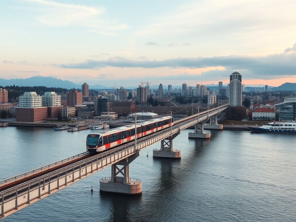 SkyTrain crossing Fraser River with wide city skyline and water views