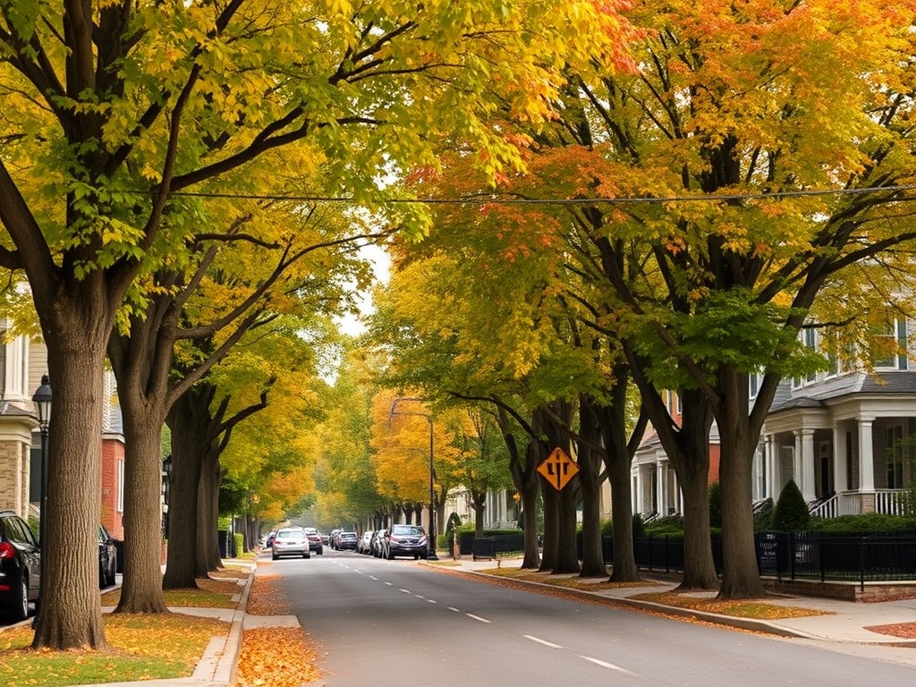 tree-lined residential street with heritage houses and autumn leaves