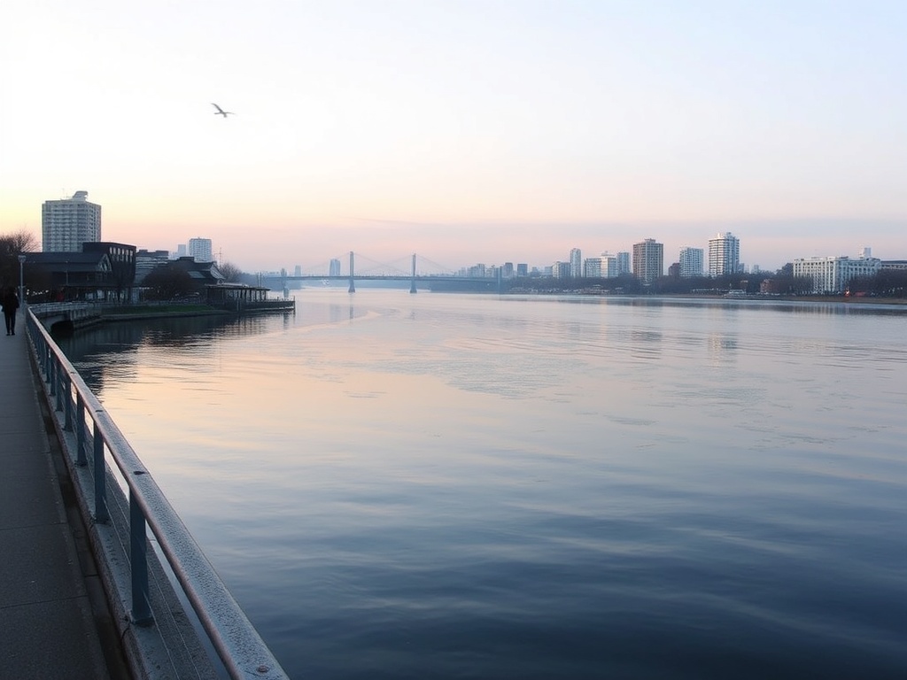 early morning Fraser River boardwalk New Westminster soft golden light calm water city skyline Canada