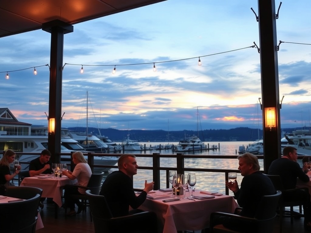 evening dinner restaurant New Westminster warm lighting waterfront sunset dining atmosphere