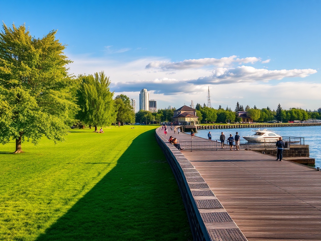Pier Park New Westminster green space waterfront boardwalk people relaxing sunny day British Columbia