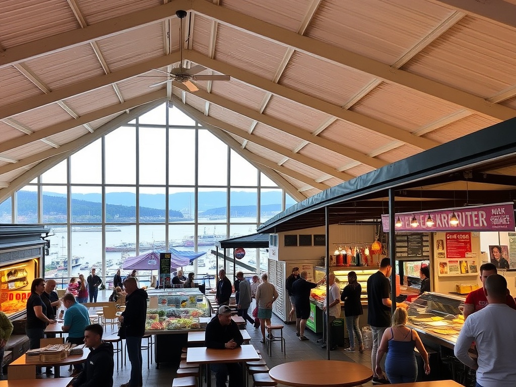 River Market New Westminster interior vendors food stalls seating Fraser River view