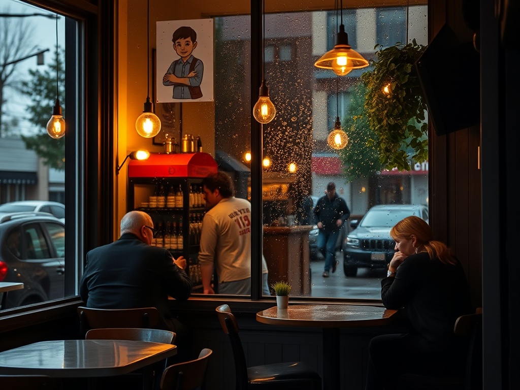 cozy independent cafe in New Westminster with warm lighting, people chatting, and rain outside the window