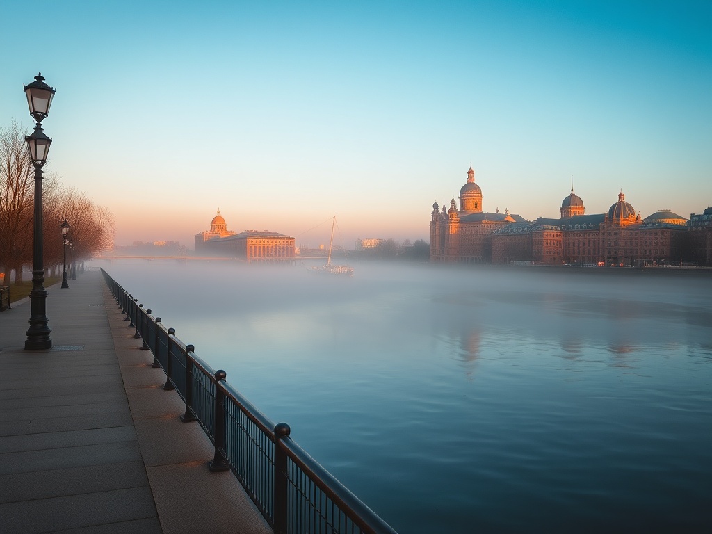 early morning walk along the New Westminster waterfront promenade with soft fog, Fraser River, and historic buildings glowing in golden light