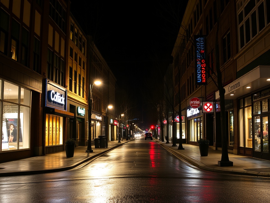 nighttime street in downtown New Westminster with glowing storefronts, light rain reflections, and quiet urban atmosphere