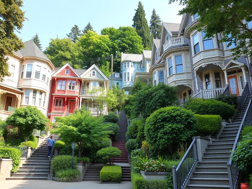 steep residential street in New Westminster with colorful heritage houses, lush greenery, and stairs connecting different elevations