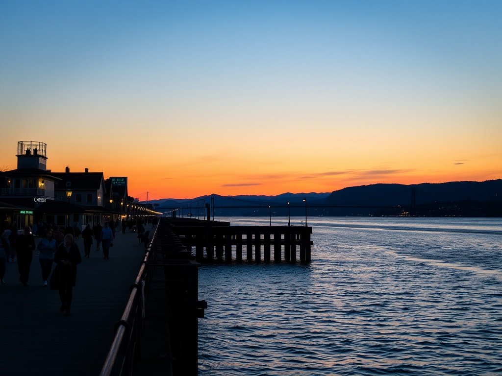 sunset view over Fraser River from New Westminster pier with people walking, warm colors, calm water reflections