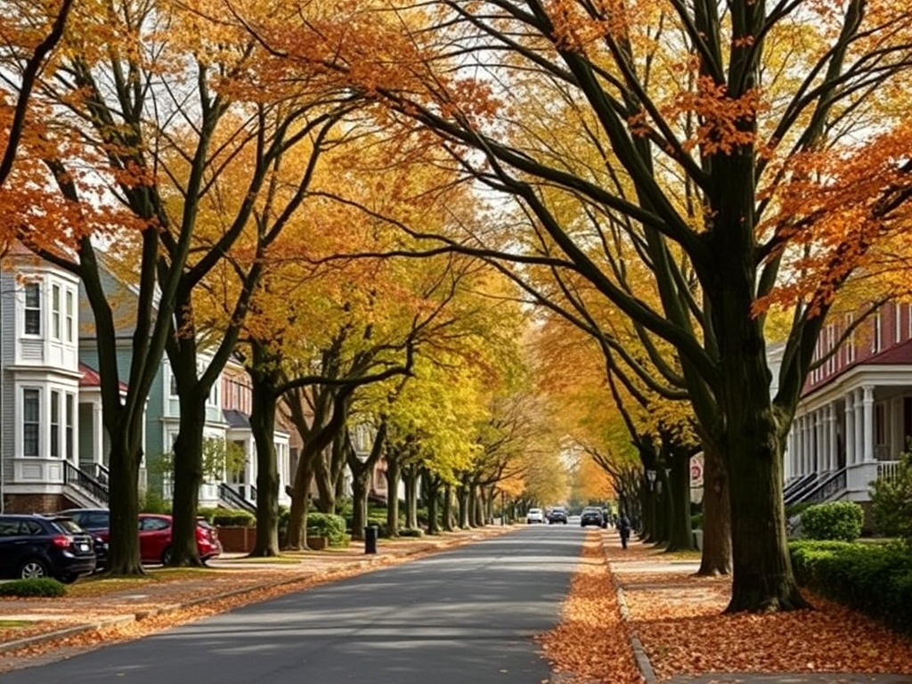 tree-lined street in Queen’s Park neighbourhood with heritage homes and autumn leaves, peaceful residential vibe