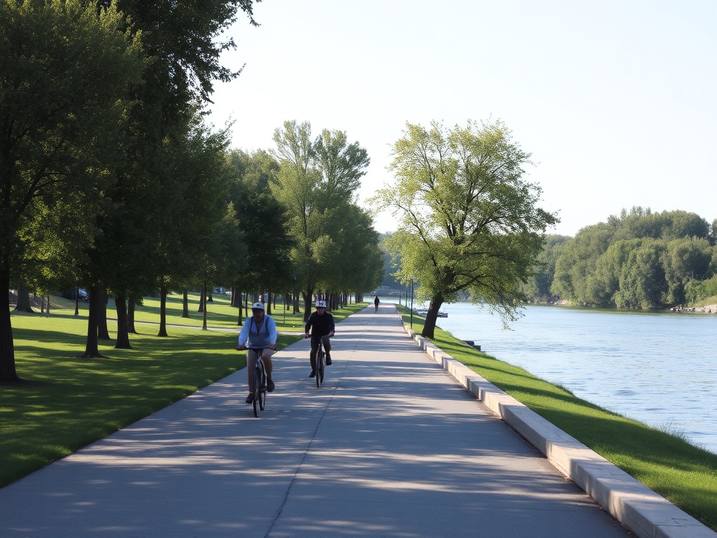 cyclists on Niagara River Parkway with trees, river views, summer light, relaxed pace
