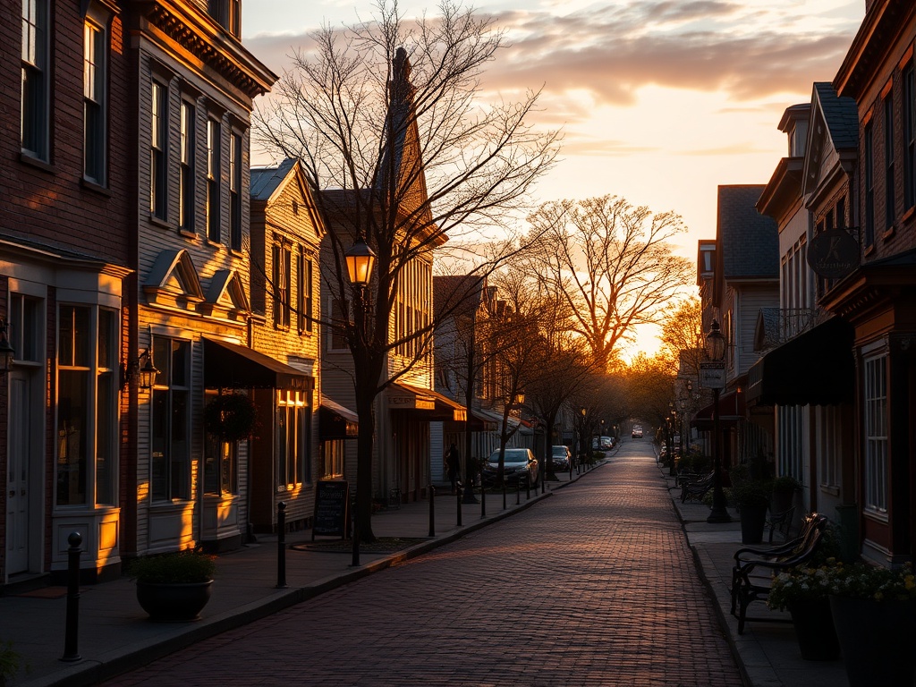 golden hour in Niagara-on-the-Lake historic district with warm light, quiet streets, evening glow