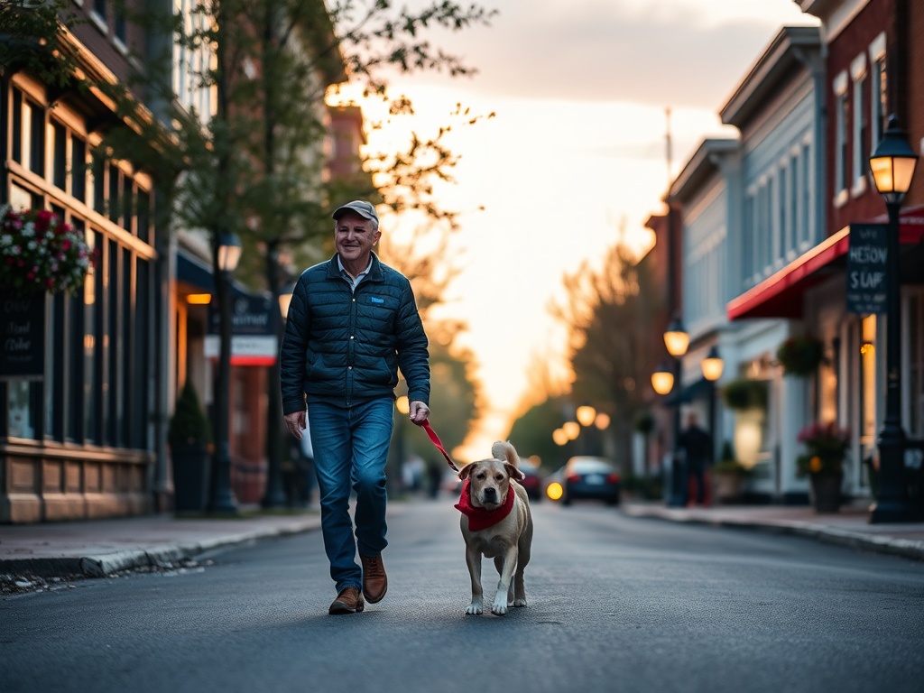 local couple walking dog in quiet Niagara-on-the-Lake street evening, relaxed small town vibe