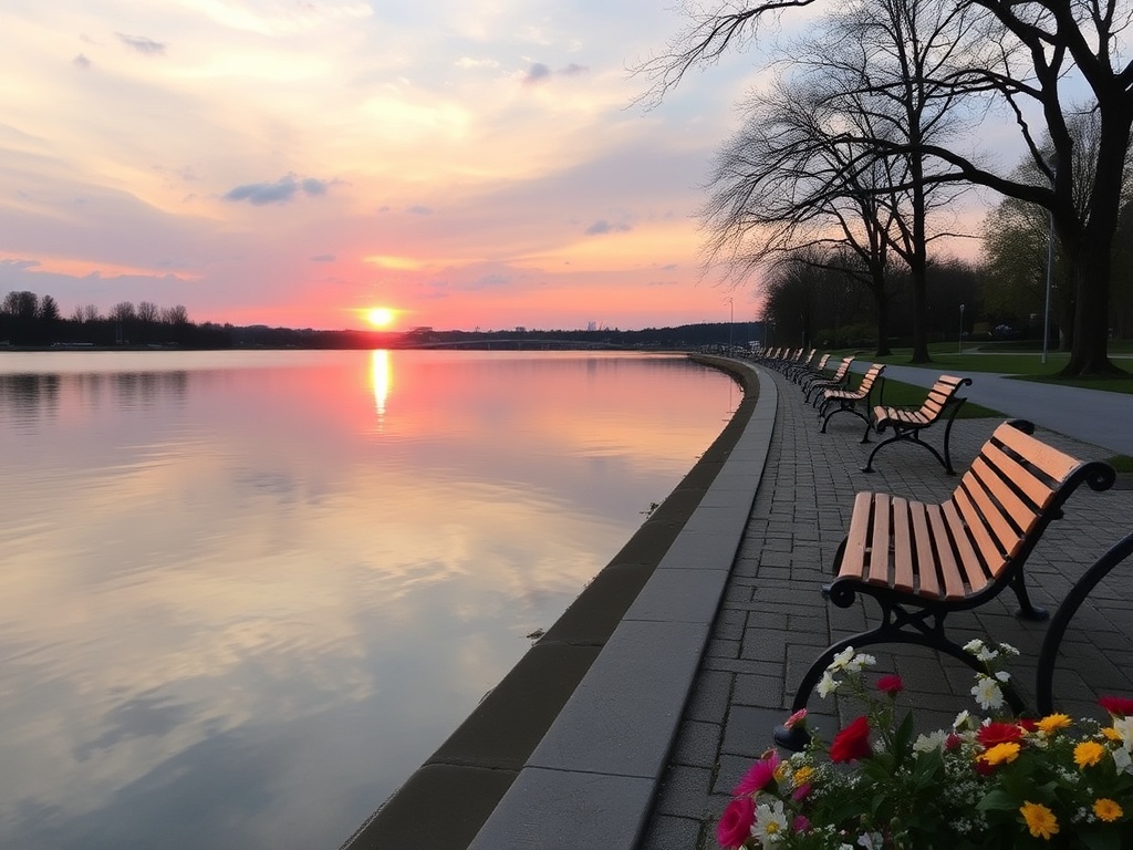 Queen's Royal Park waterfront sunrise with calm water, benches, flowers, peaceful atmosphere