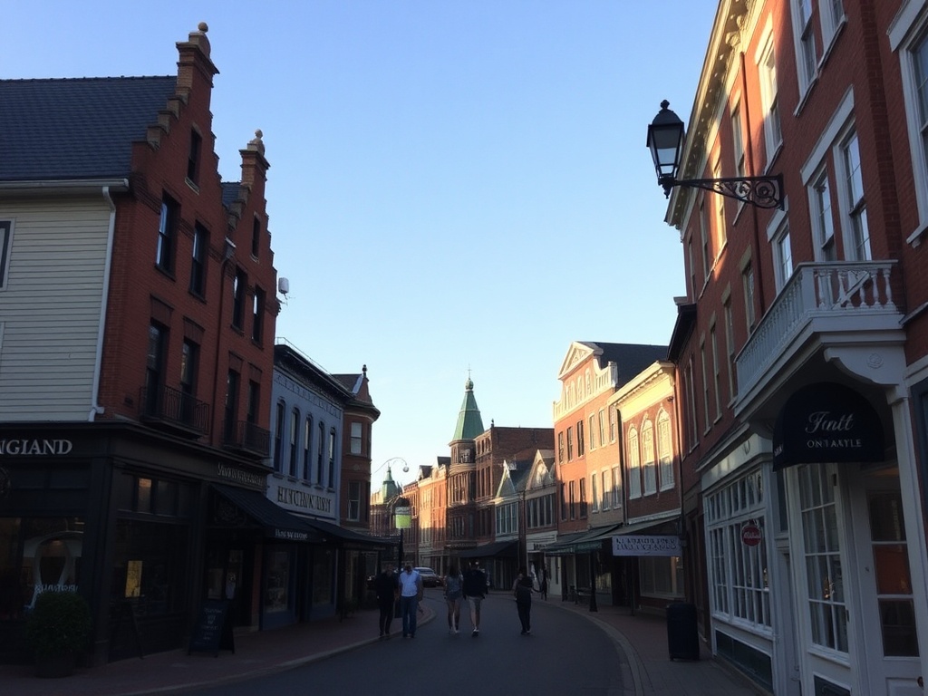 quiet heritage street in Niagara-on-the-Lake early morning with historic buildings, no crowds, soft sunlight