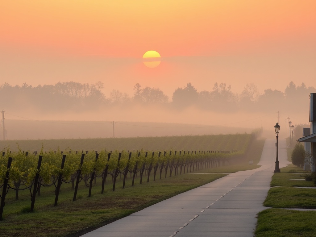 soft sunrise over Niagara-on-the-Lake vineyards with mist, quiet streets, golden light, empty sidewalks