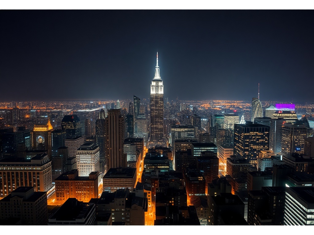 A cityscape at night with proper white balance, showing accurate color tones without any overpowering warmth or coolness.