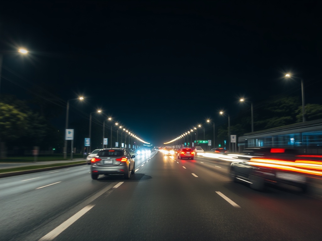 A long exposure of a street at night with moving cars and illuminated lights, showcasing light trails and smooth transitions.