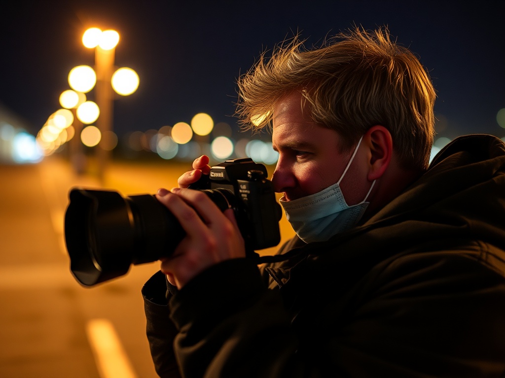 A photographer editing night photography in Lightroom, adjusting contrast and exposure to enhance the image quality.