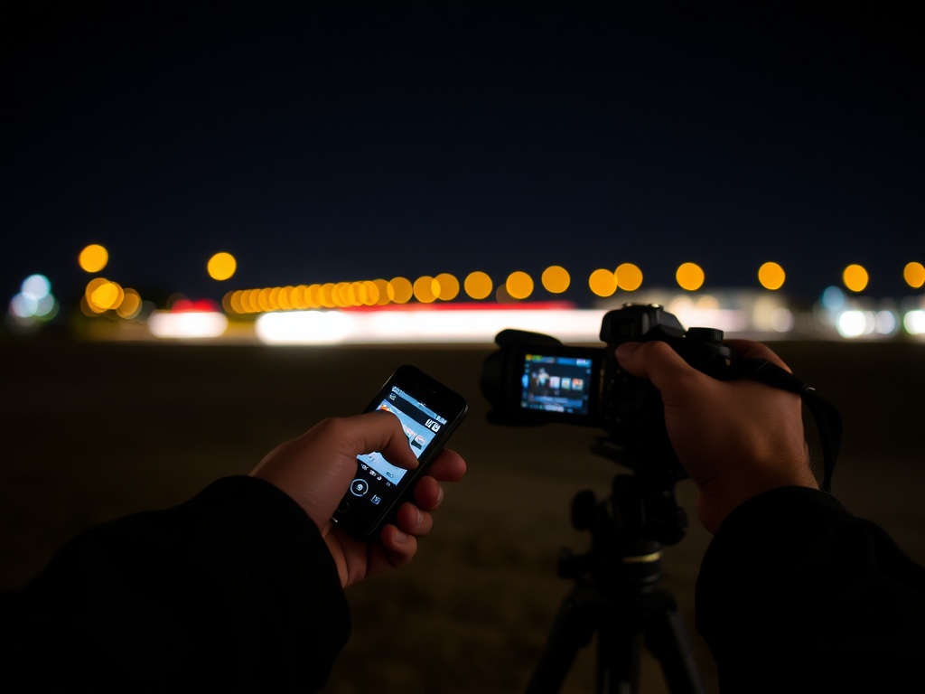 A photographer using a remote shutter release to capture a long exposure photo at night, ensuring no movement.