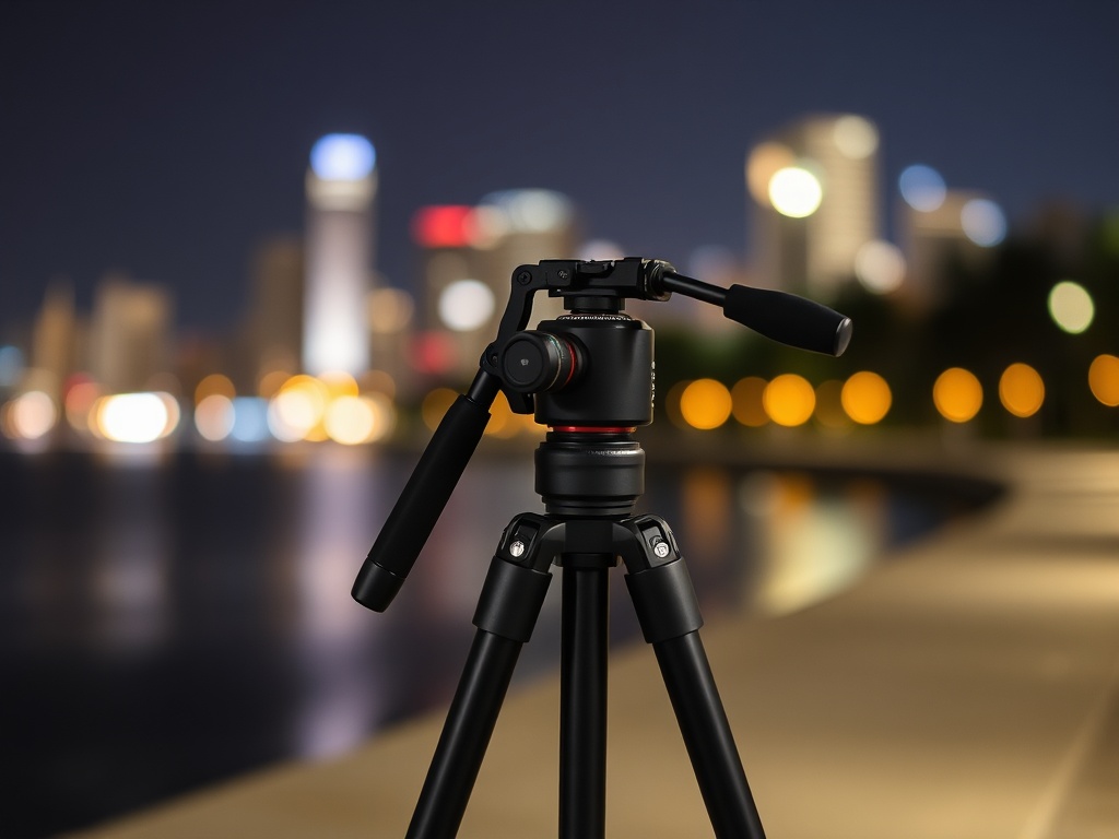 A tripod in a nighttime setting with city lights in the background, emphasizing stability for clear night shots.