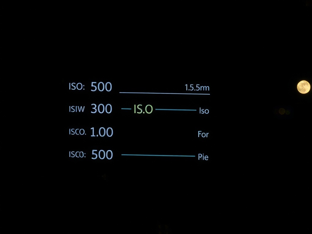 An image showing a camera's ISO settings in a dark environment, balancing low ISO with long exposure to minimize noise.