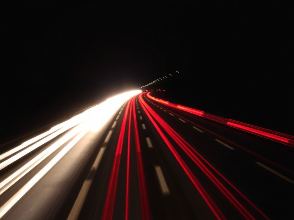 Light trails from passing cars on a long exposure night shot, creating streaks of red and white lights.